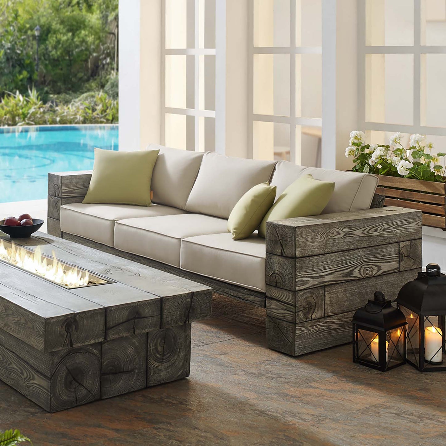 Manteo Rustic Coastal Outdoor Patio Sofa, Faux Simulate Wood, Beige, 18076