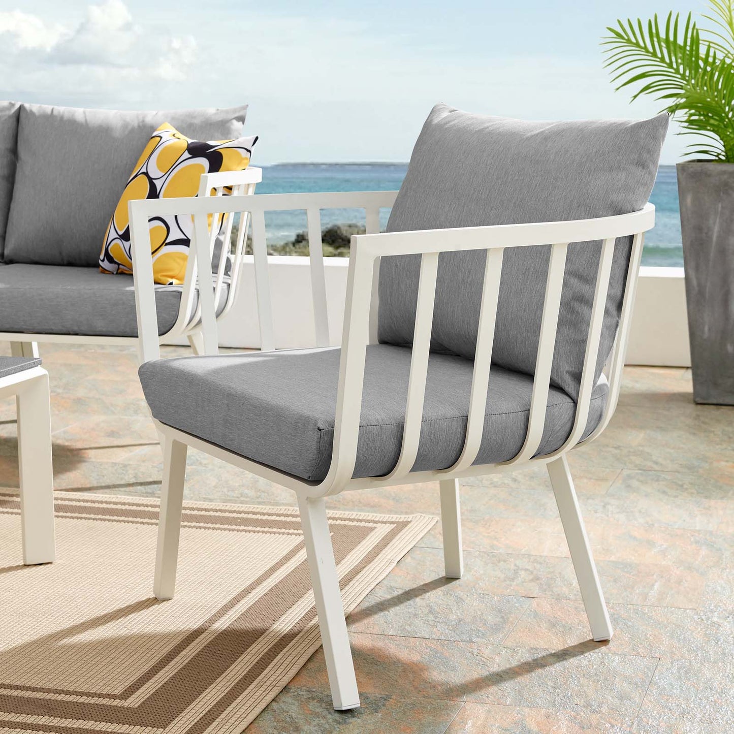 Riverside Outdoor Patio Aluminum Armchair, Aluminum Fabric, White Grey Gray, 18004