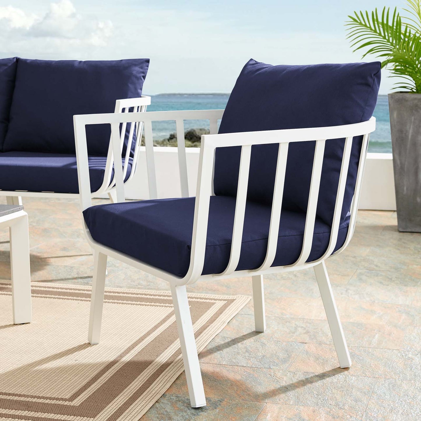 Riverside Outdoor Patio Aluminum Armchair, Aluminum Fabric, Navy Blue White, 18005