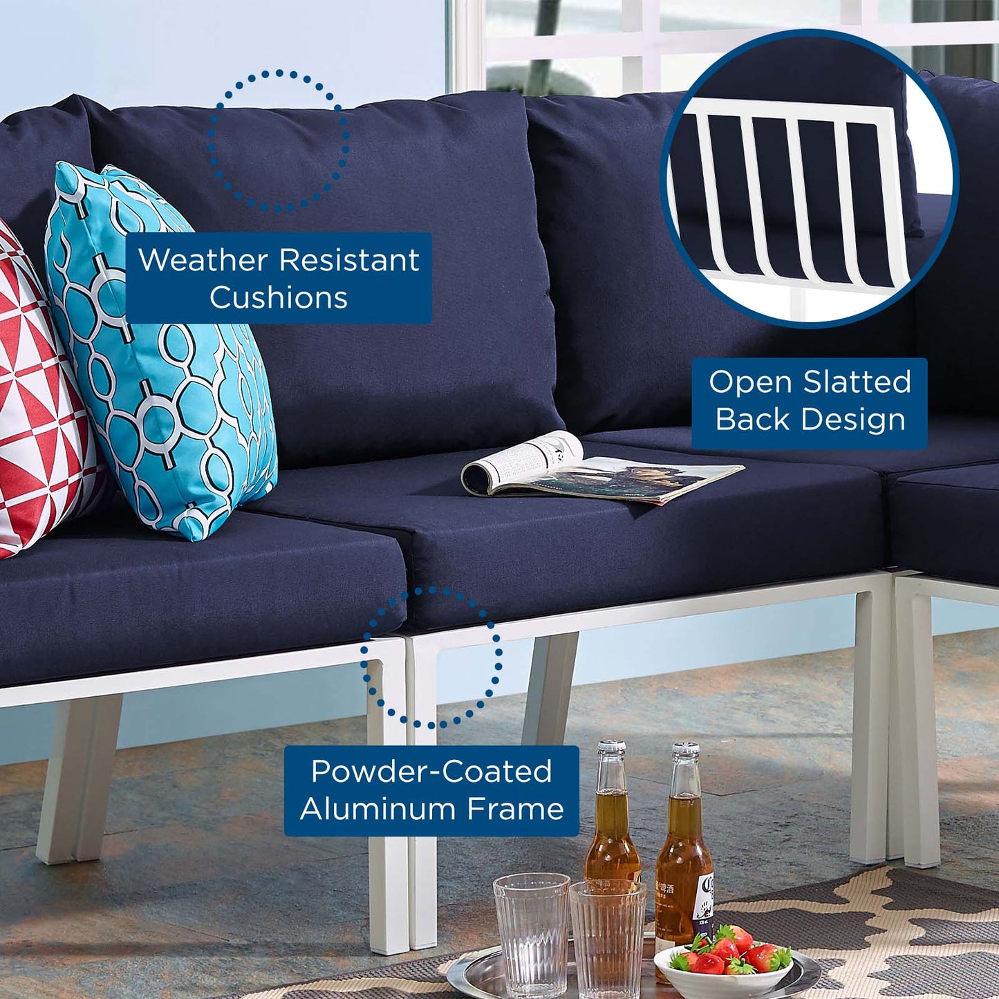 Riverside Outdoor Patio Aluminum Armless Chair, Aluminum, Metal, Steel, White Blue Navy, 18216