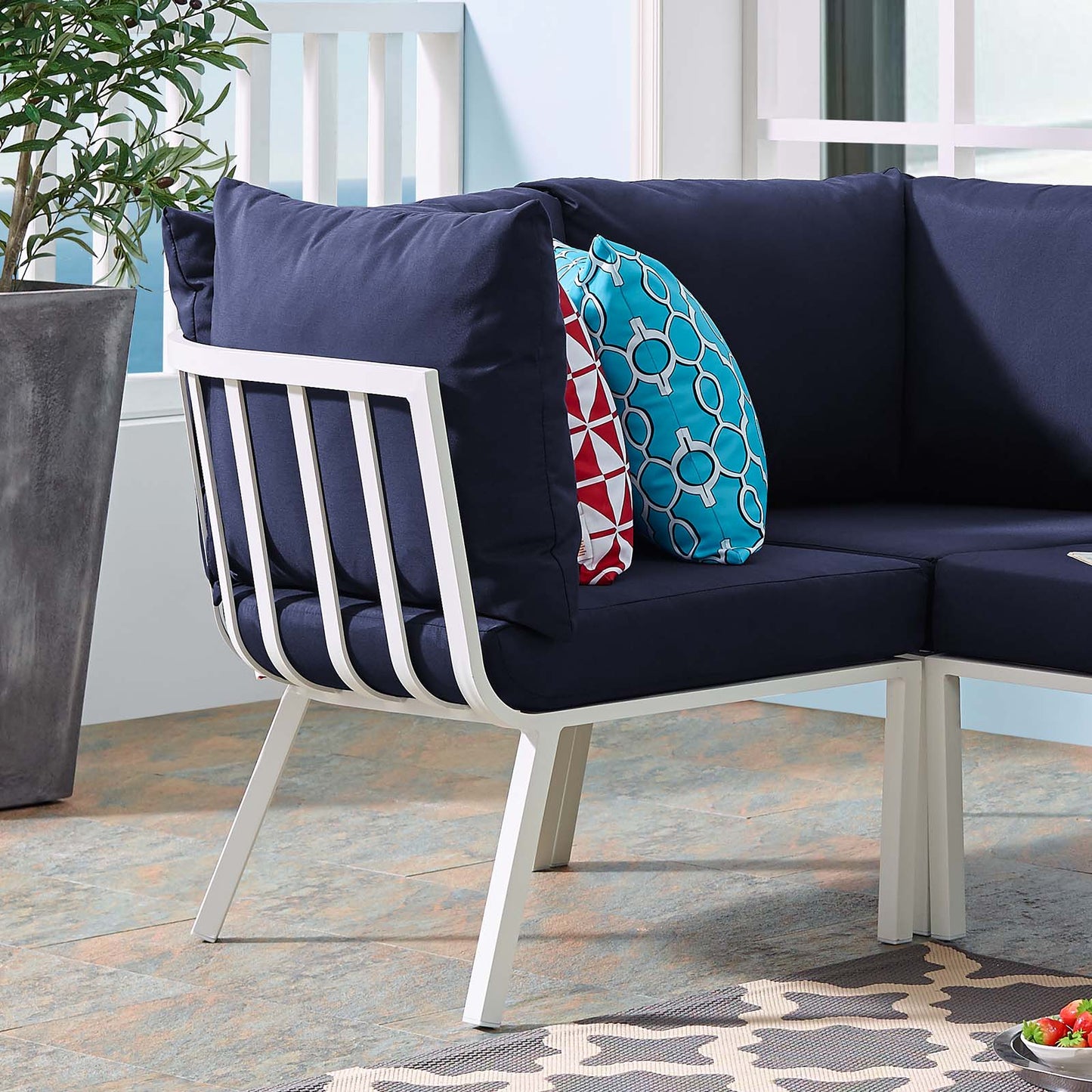 Riverside Outdoor Patio Aluminum Corner Chair, Aluminum, Metal, Steel, White Blue Navy, 18220