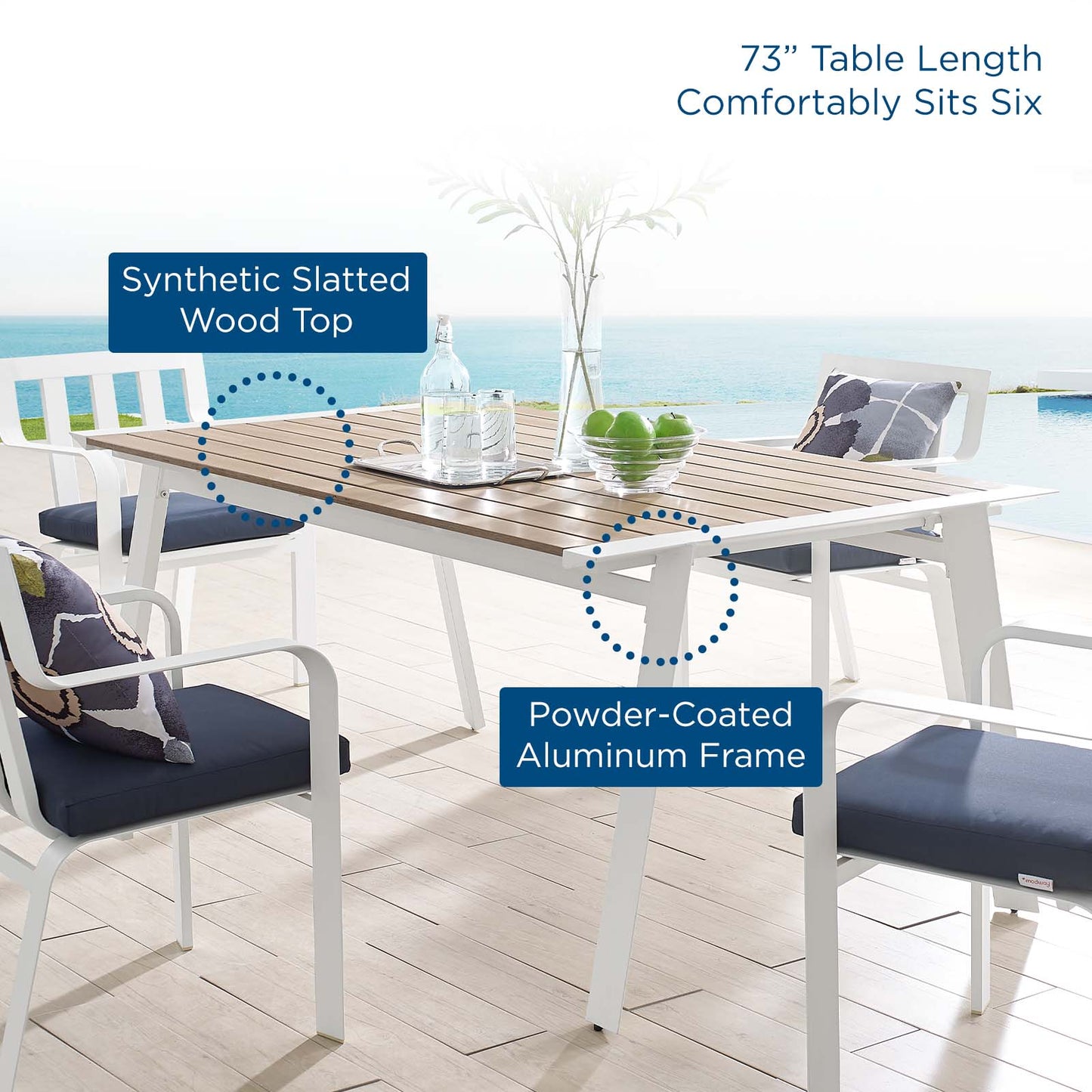 Roanoke 73" Outdoor Patio Aluminum Dining Table, Aluminum, Metal, Steel, White Brown Natural, 18223
