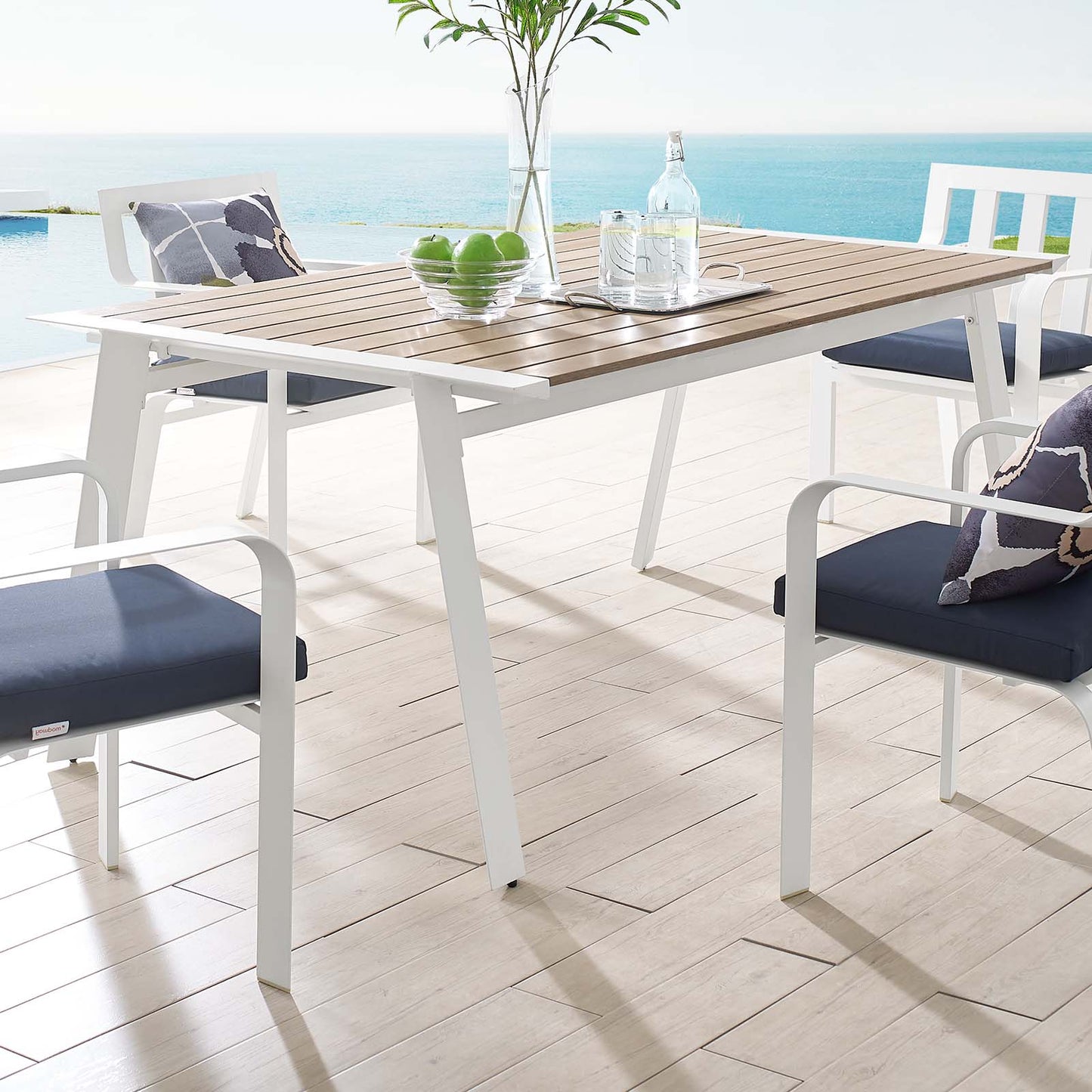 Roanoke 73" Outdoor Patio Aluminum Dining Table, Aluminum, Metal, Steel, White Brown Natural, 18223