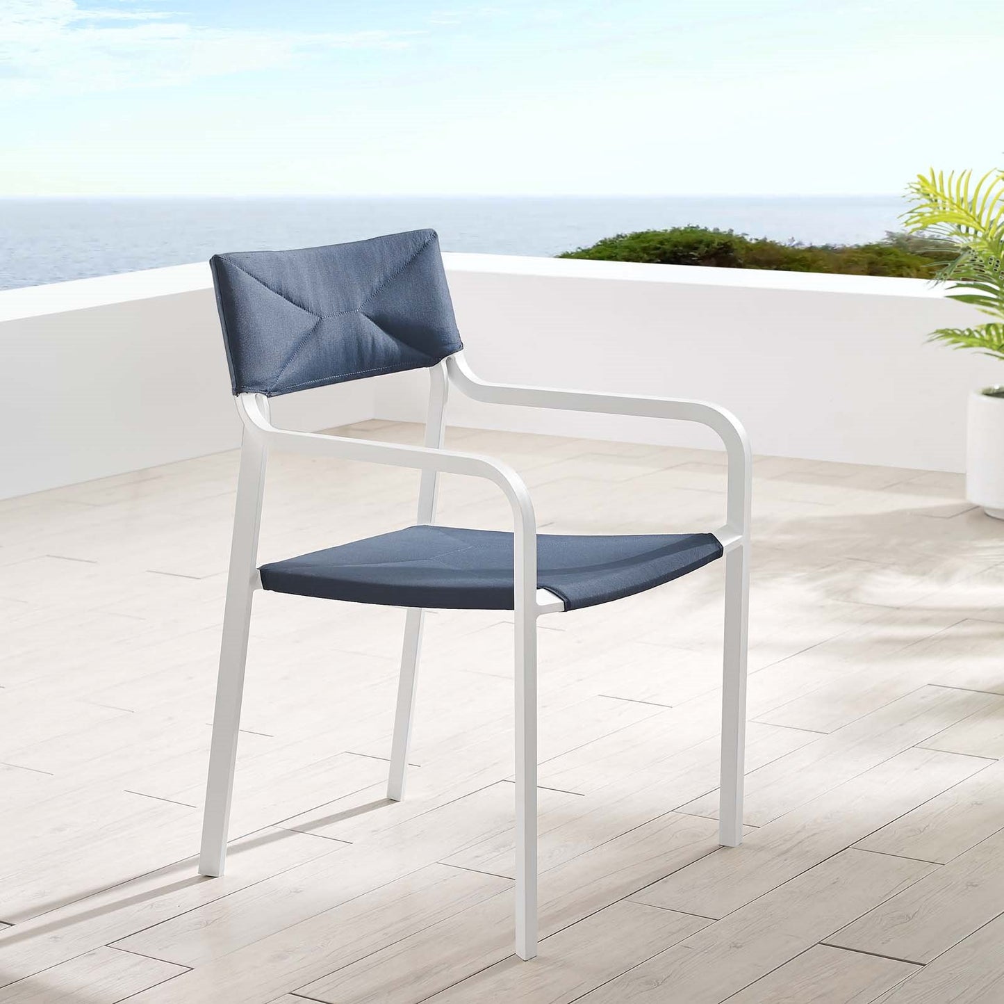 Raleigh Stackable Outdoor Patio Aluminum Dining Armchair, Fabric Aluminum, Navy Blue White, 17829