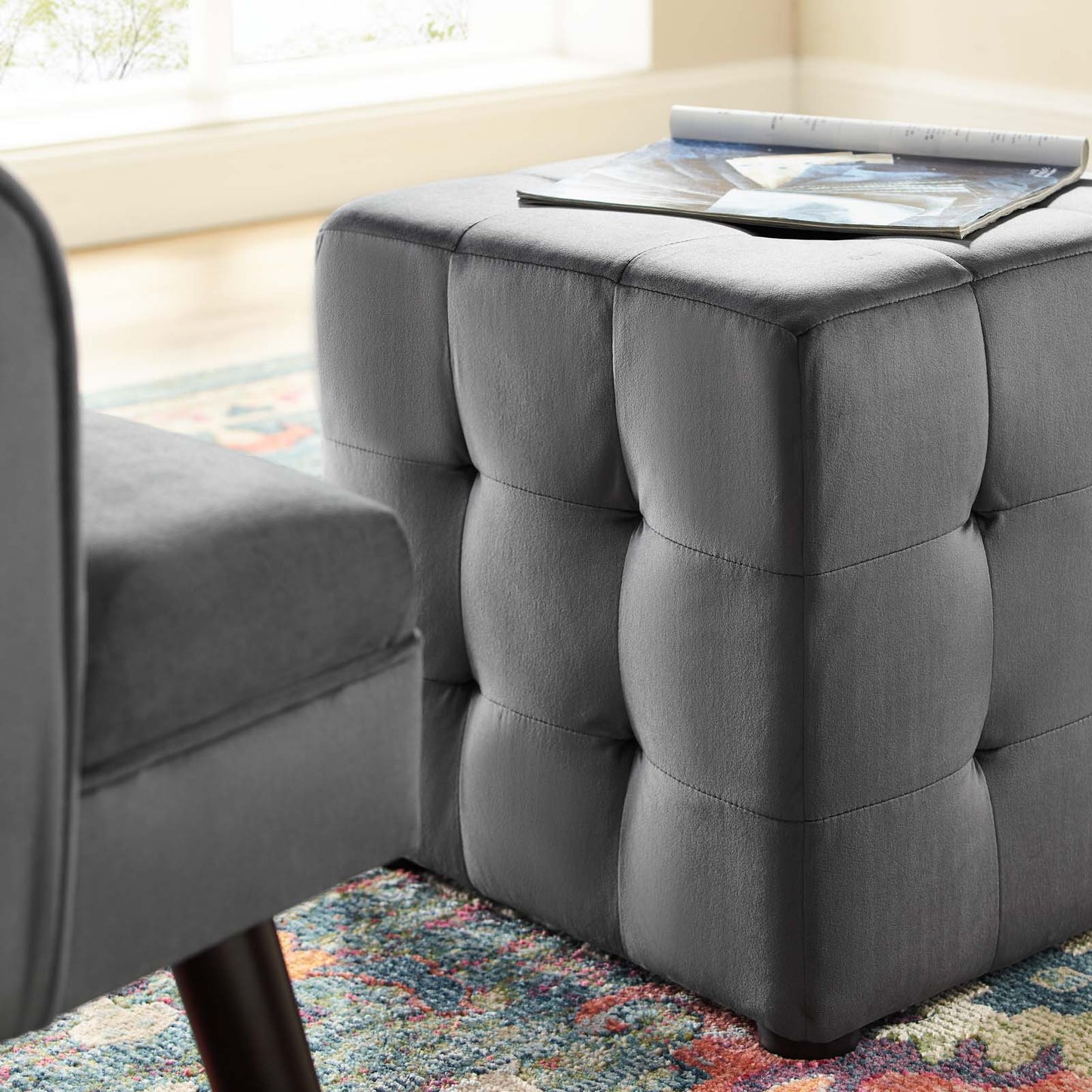 Contour Tufted Cube Performance Velvet Ottoman, Velvet Fabric, Grey Gray, 17832