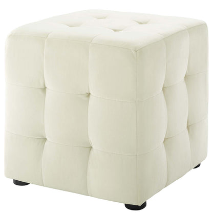 Contour Tufted Cube Performance Velvet Ottoman, Velvet Fabric, Ivory White, 17833