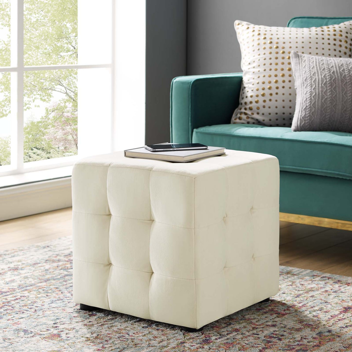 Contour Tufted Cube Performance Velvet Ottoman, Velvet Fabric, Ivory White, 17833