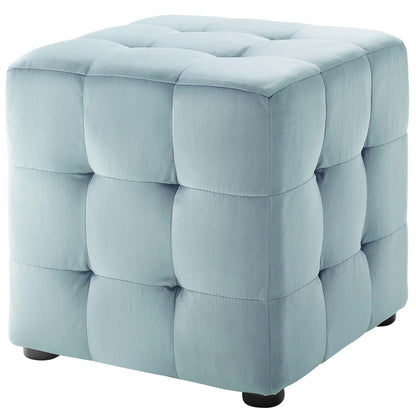 Contour Tufted Cube Performance Velvet Ottoman, Velvet Fabric, Light Blue, 17834
