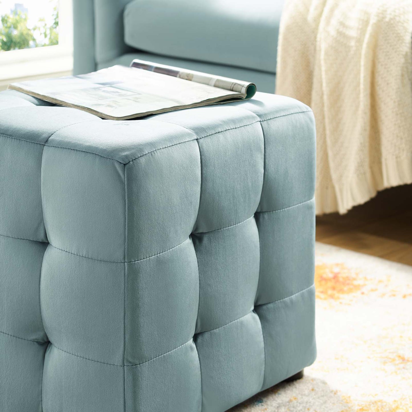 Contour Tufted Cube Performance Velvet Ottoman, Velvet Fabric, Light Blue, 17834
