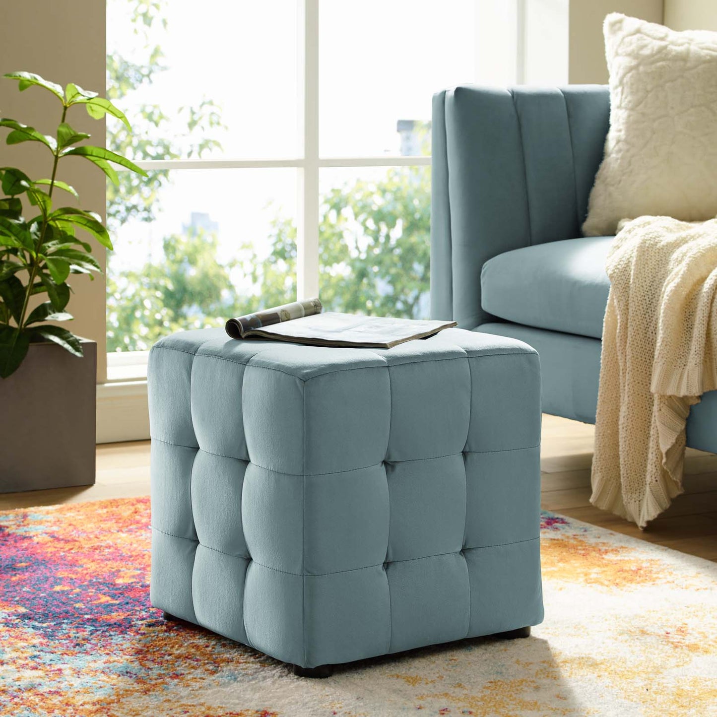 Contour Tufted Cube Performance Velvet Ottoman, Velvet Fabric, Light Blue, 17834