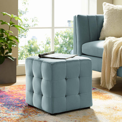 Contour Tufted Cube Performance Velvet Ottoman, Velvet Fabric, Light Blue, 17834