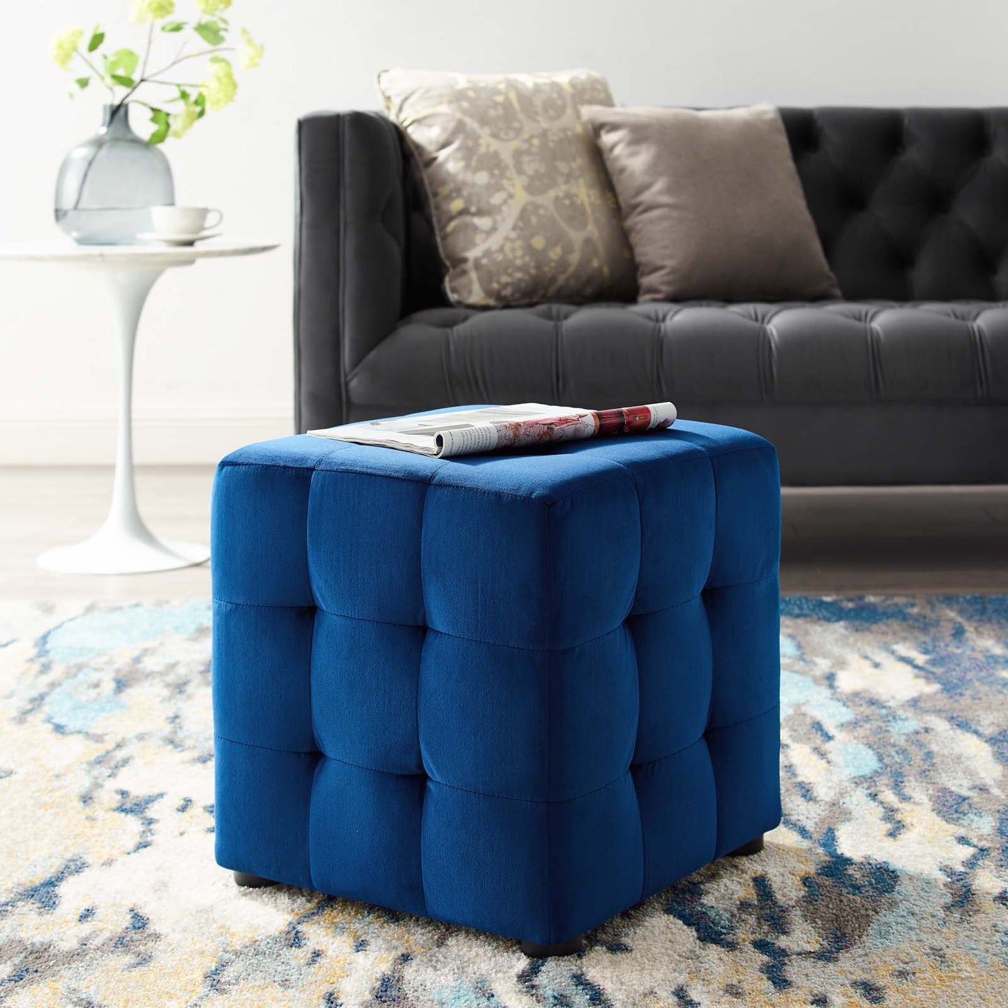 Contour Tufted Cube Performance Velvet Ottoman, Velvet Fabric, Navy Blue, 17835