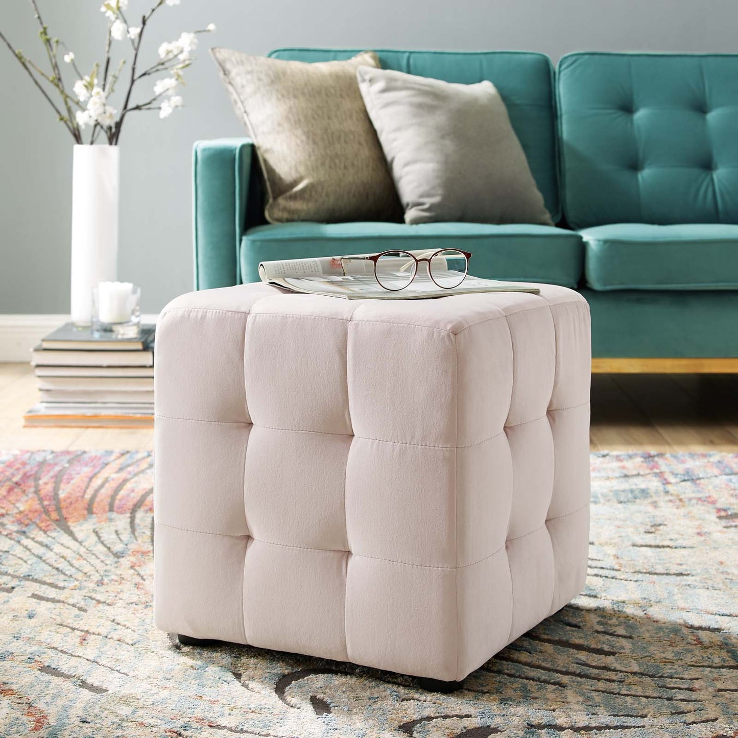 Contour Tufted Cube Performance Velvet Ottoman, Velvet Fabric, Pink, 17836