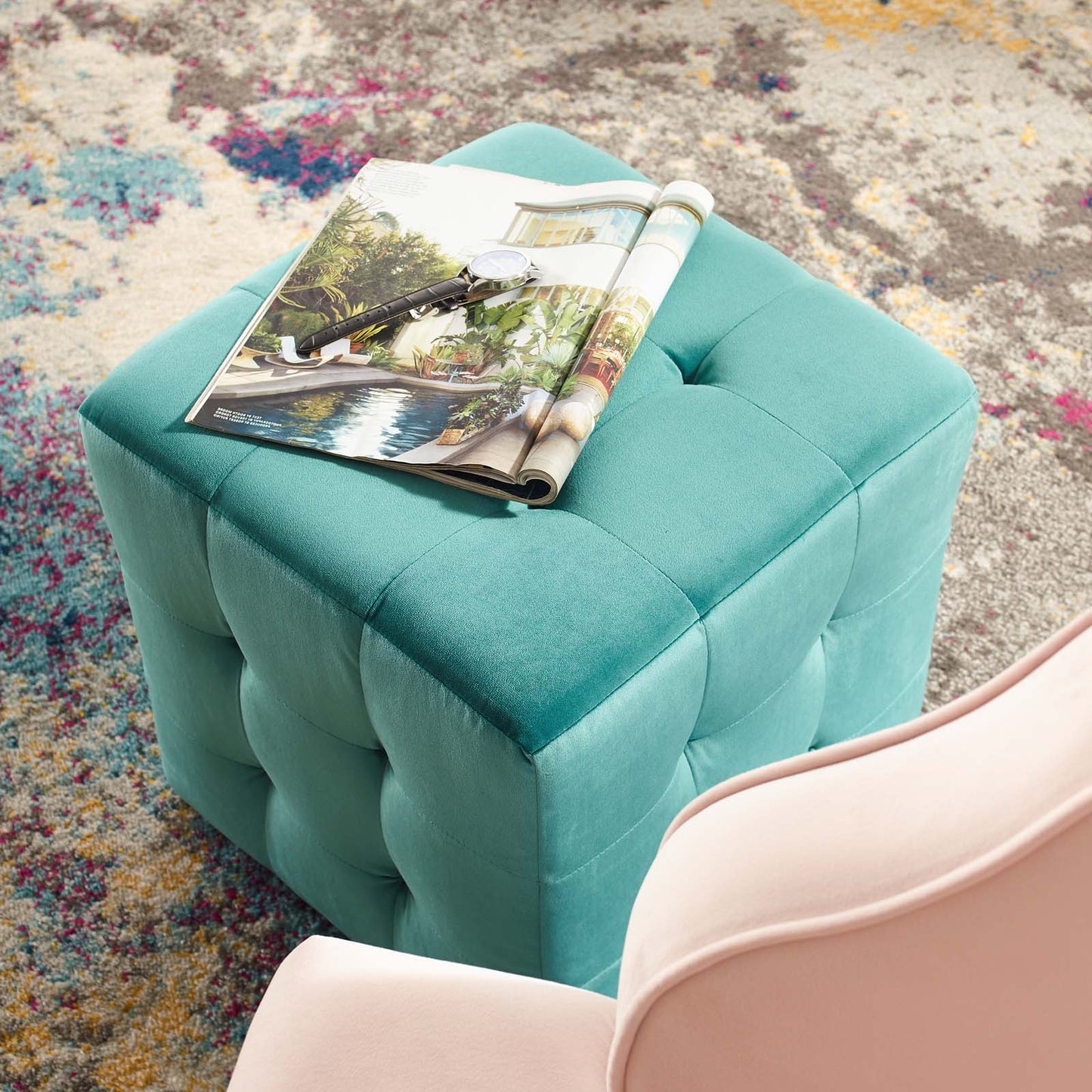 Contour Tufted Cube Performance Velvet Ottoman, Velvet Fabric, Aqua Blue, 17837