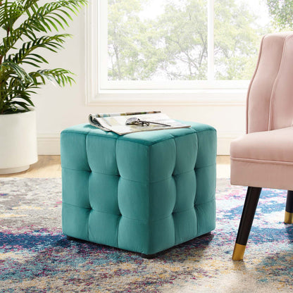 Contour Tufted Cube Performance Velvet Ottoman, Velvet Fabric, Aqua Blue, 17837