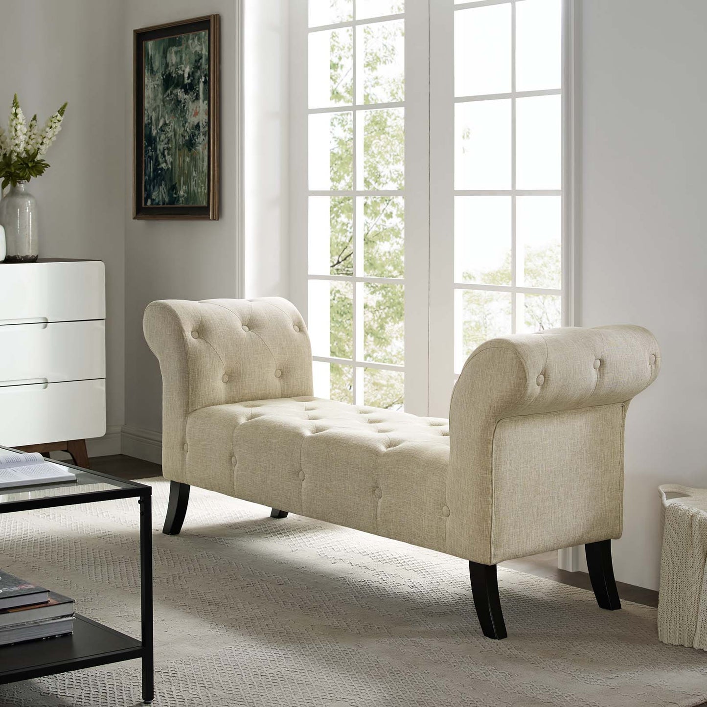 Evince Button Tufted Accent Upholstered Fabric Bench, Fabric, Beige, 17838