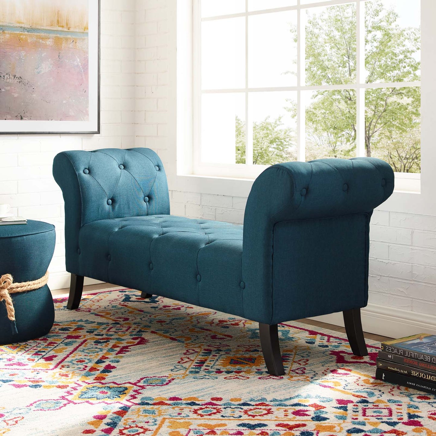 Evince Button Tufted Accent Upholstered Fabric Bench, Fabric, Blue, 17839