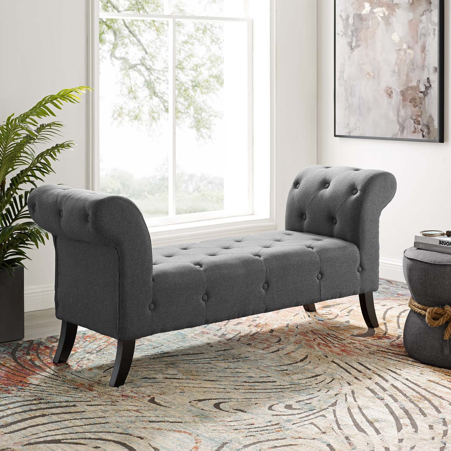 Evince Button Tufted Accent Upholstered Fabric Bench, Fabric, Grey Gray, 17840