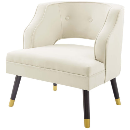 Traipse Button Tufted Open Back Performance Velvet Armchair, Velvet Fabric, Ivory White, 17843