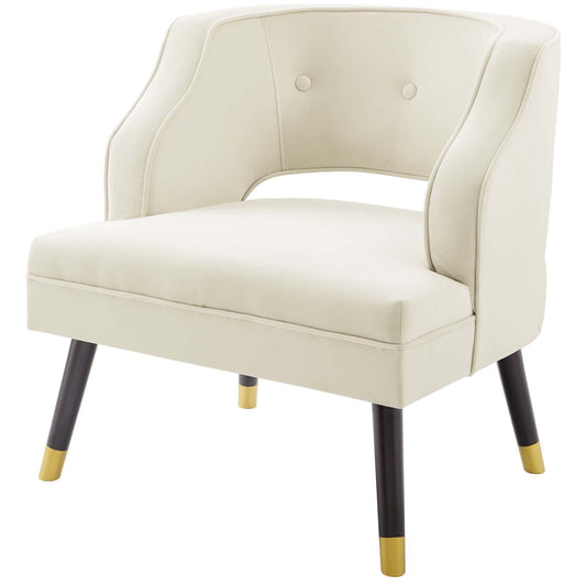 Traipse Button Tufted Open Back Performance Velvet Armchair, Velvet Fabric, Ivory White, 17843