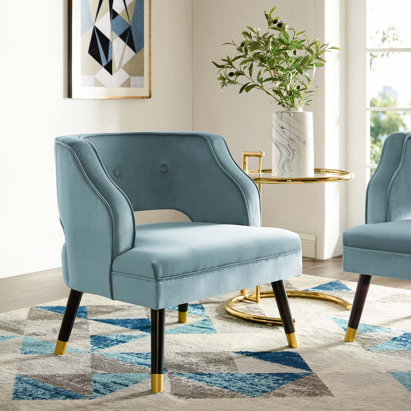 Traipse Button Tufted Open Back Performance Velvet Armchair, Velvet Fabric, Light Blue, 17844
