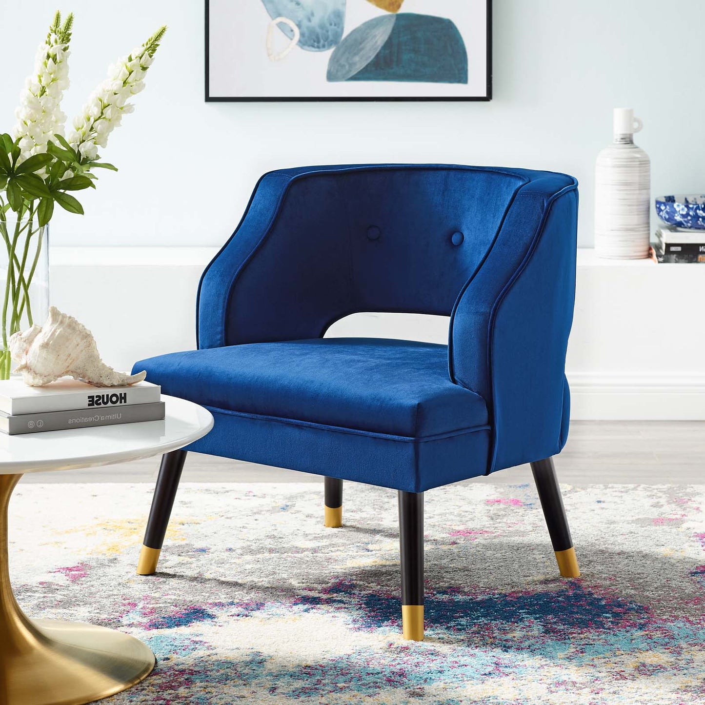 Traipse Button Tufted Open Back Performance Velvet Armchair, Velvet Fabric, Navy Blue, 17845