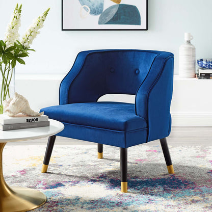 Traipse Button Tufted Open Back Performance Velvet Armchair, Velvet Fabric, Navy Blue, 17845