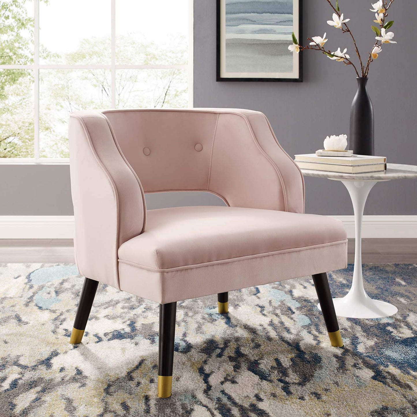 Traipse Button Tufted Open Back Performance Velvet Armchair, Velvet Fabric, Pink, 17846