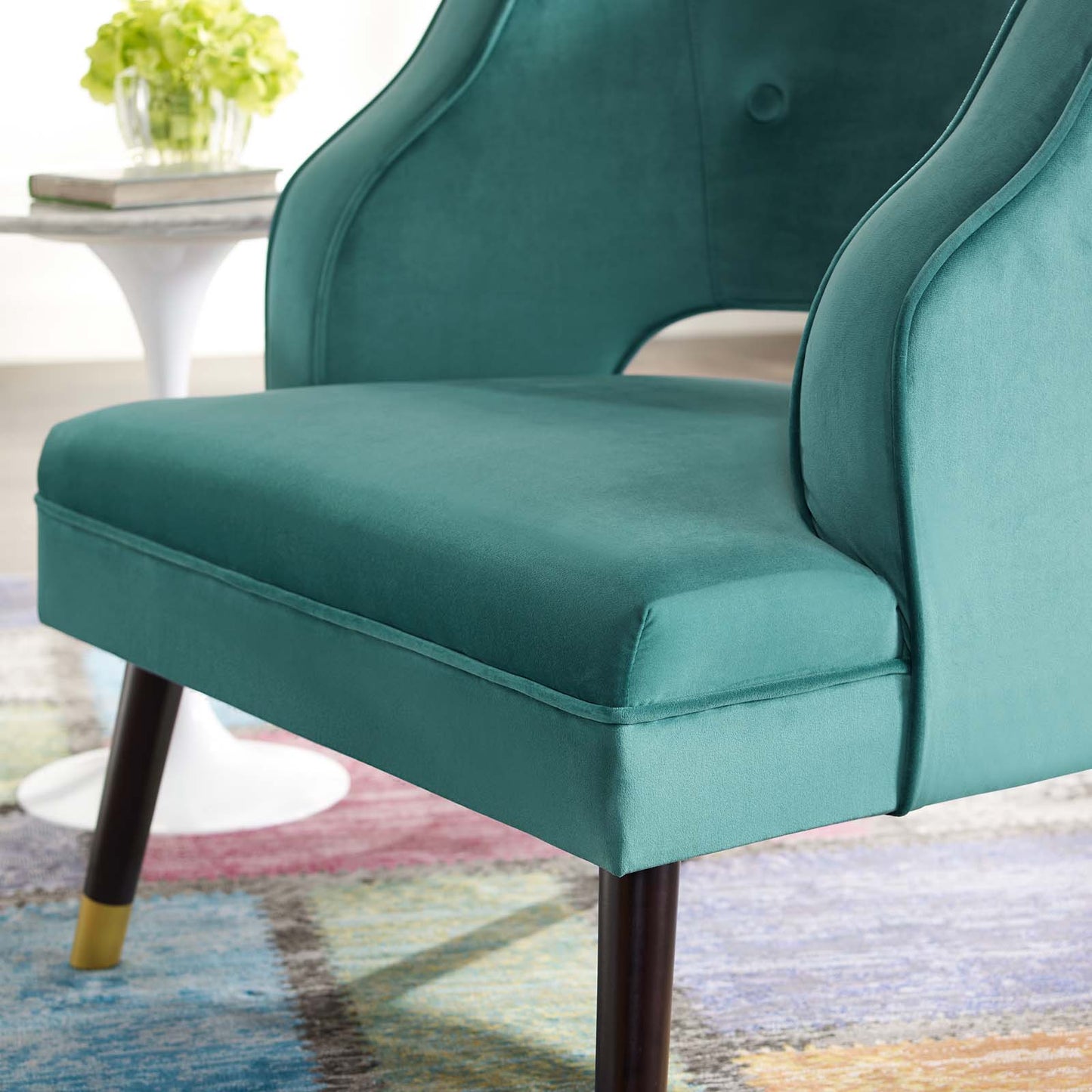 Traipse Button Tufted Open Back Performance Velvet Armchair, Velvet Fabric, Aqua Blue, 17847