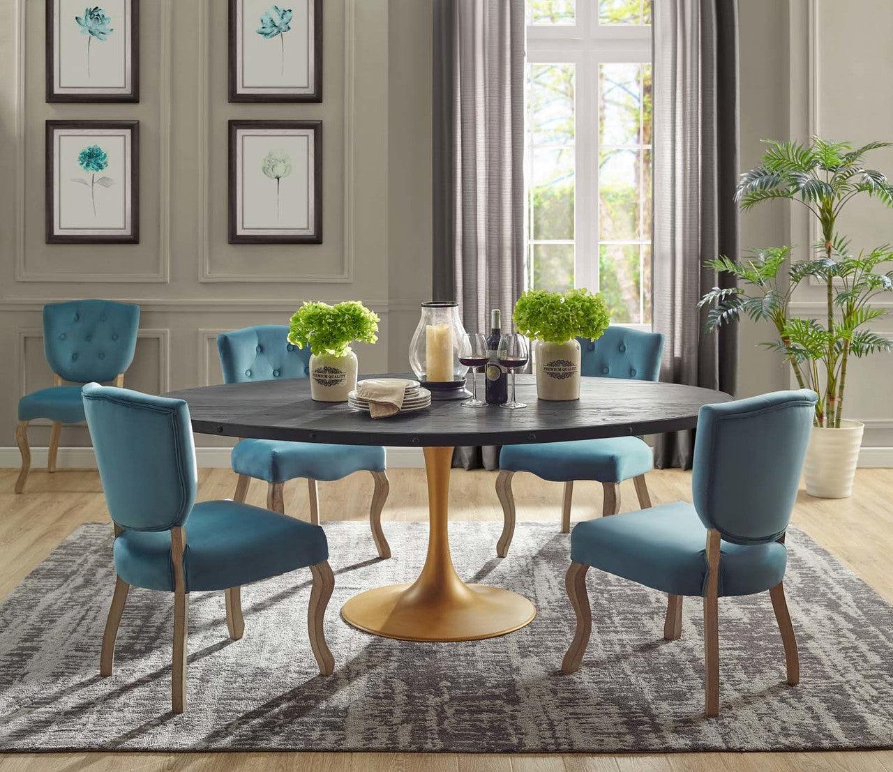 Drive 78" Oval Wood Top Dining Table, Wood Metal Steel, Black Gold 15882