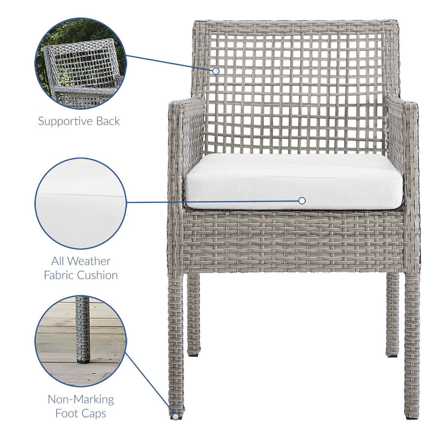 Aura Dining Armchair Outdoor Patio Wicker Rattan Set of 4, Fabric Rattan Wicker, Grey Gray White, 17515