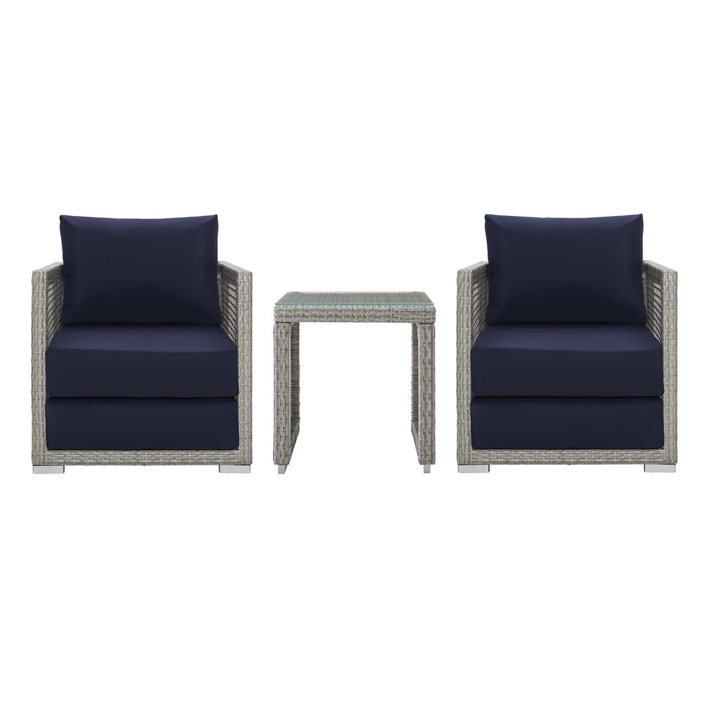 Aura 3 Piece Outdoor Patio Wicker Rattan Set, Rattan Wicker Fabric, Grey Gray Navy Blue, 17516