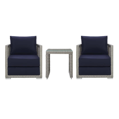 Aura 3 Piece Outdoor Patio Wicker Rattan Set, Rattan Wicker Fabric, Grey Gray Navy Blue, 17516