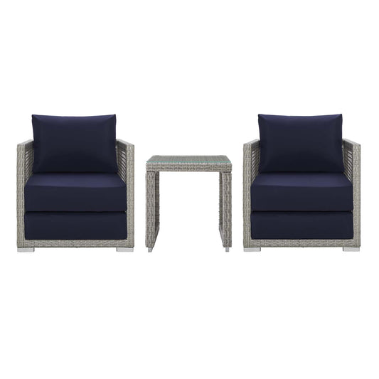 Aura 3 Piece Outdoor Patio Wicker Rattan Set, Rattan Wicker Fabric, Grey Gray Navy Blue, 17516