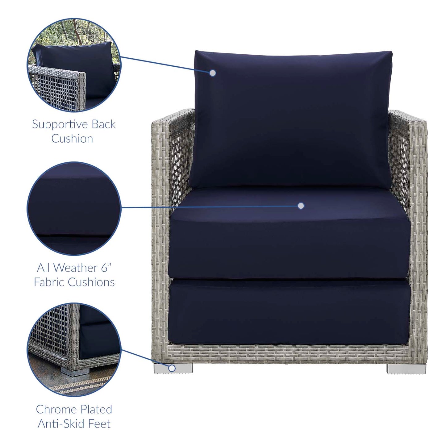 Aura 3 Piece Outdoor Patio Wicker Rattan Set, Rattan Wicker Fabric, Grey Gray Navy Blue, 17516