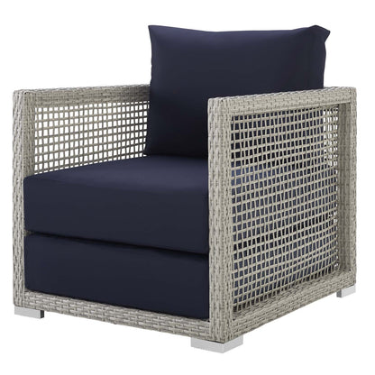 Aura 4 Piece Outdoor Patio Wicker Rattan Set, Rattan Wicker Fabric, Grey Gray Navy Blue, 17517