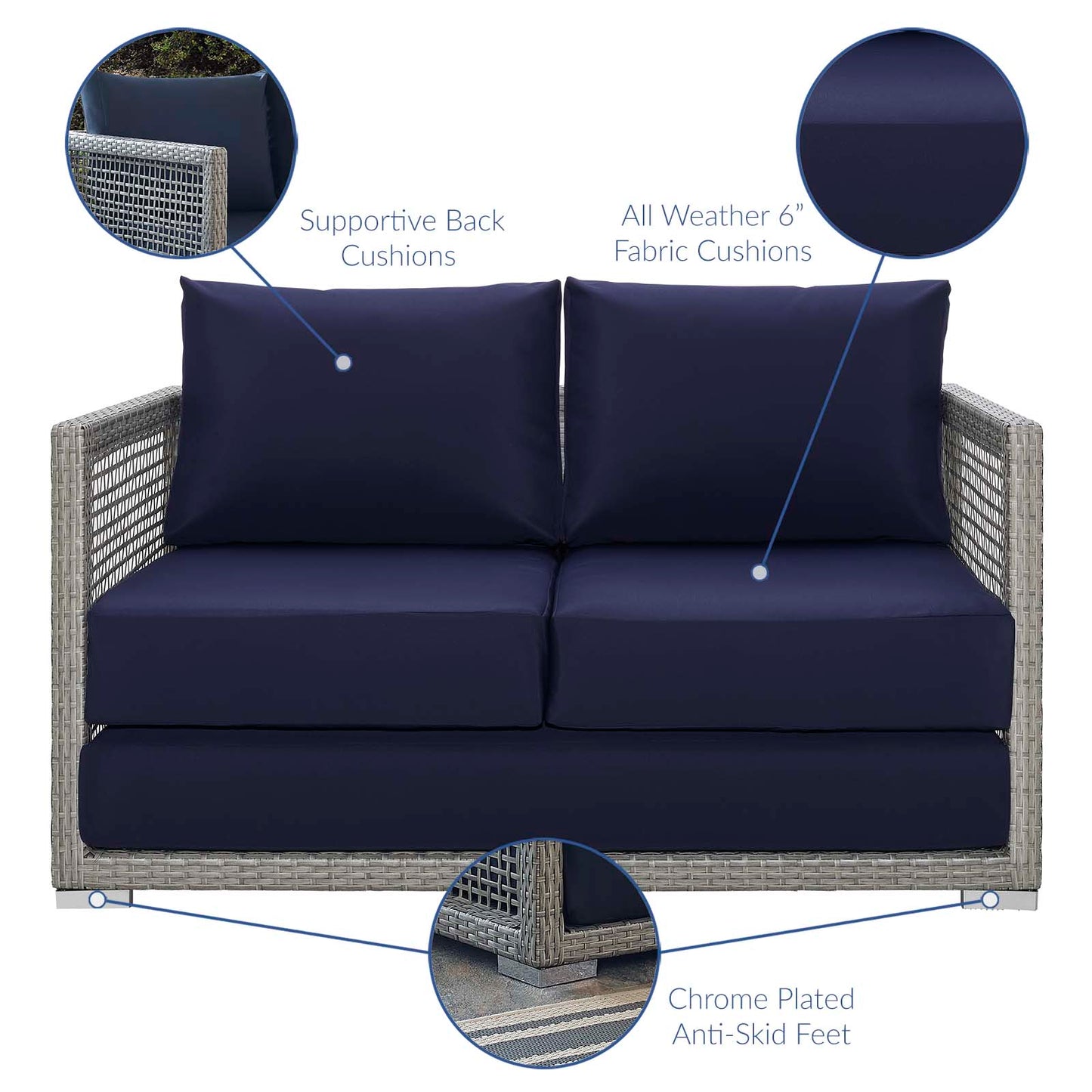 Aura 4 Piece Outdoor Patio Wicker Rattan Set, Rattan Wicker Fabric, Grey Gray Navy Blue, 17517