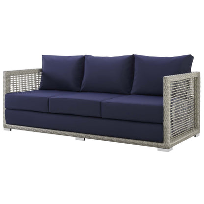 Aura 4 Piece Outdoor Patio Wicker Rattan Set, Rattan Wicker Fabric, Grey Gray Navy Blue, 17517
