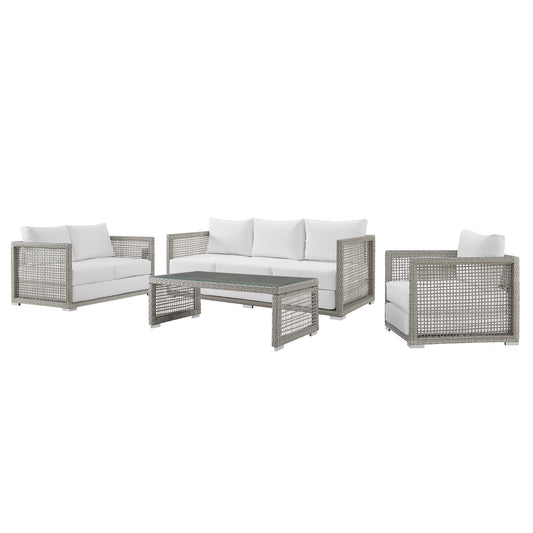 Aura 4 Piece Outdoor Patio Wicker Rattan Set, Rattan Wicker Fabric, Grey Gray White, 17851