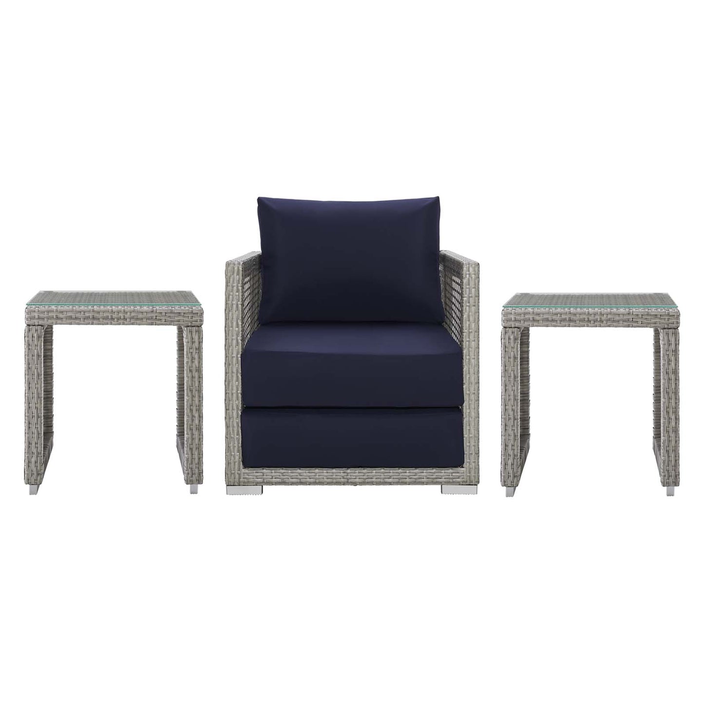 Aura 3 Piece Outdoor Patio Wicker Rattan Set, Rattan Wicker Fabric, Grey Gray Navy Blue, 17518
