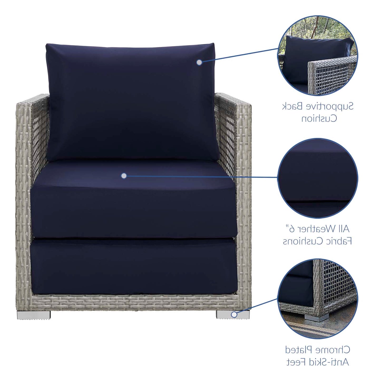 Aura 3 Piece Outdoor Patio Wicker Rattan Set, Rattan Wicker Fabric, Grey Gray Navy Blue, 17518