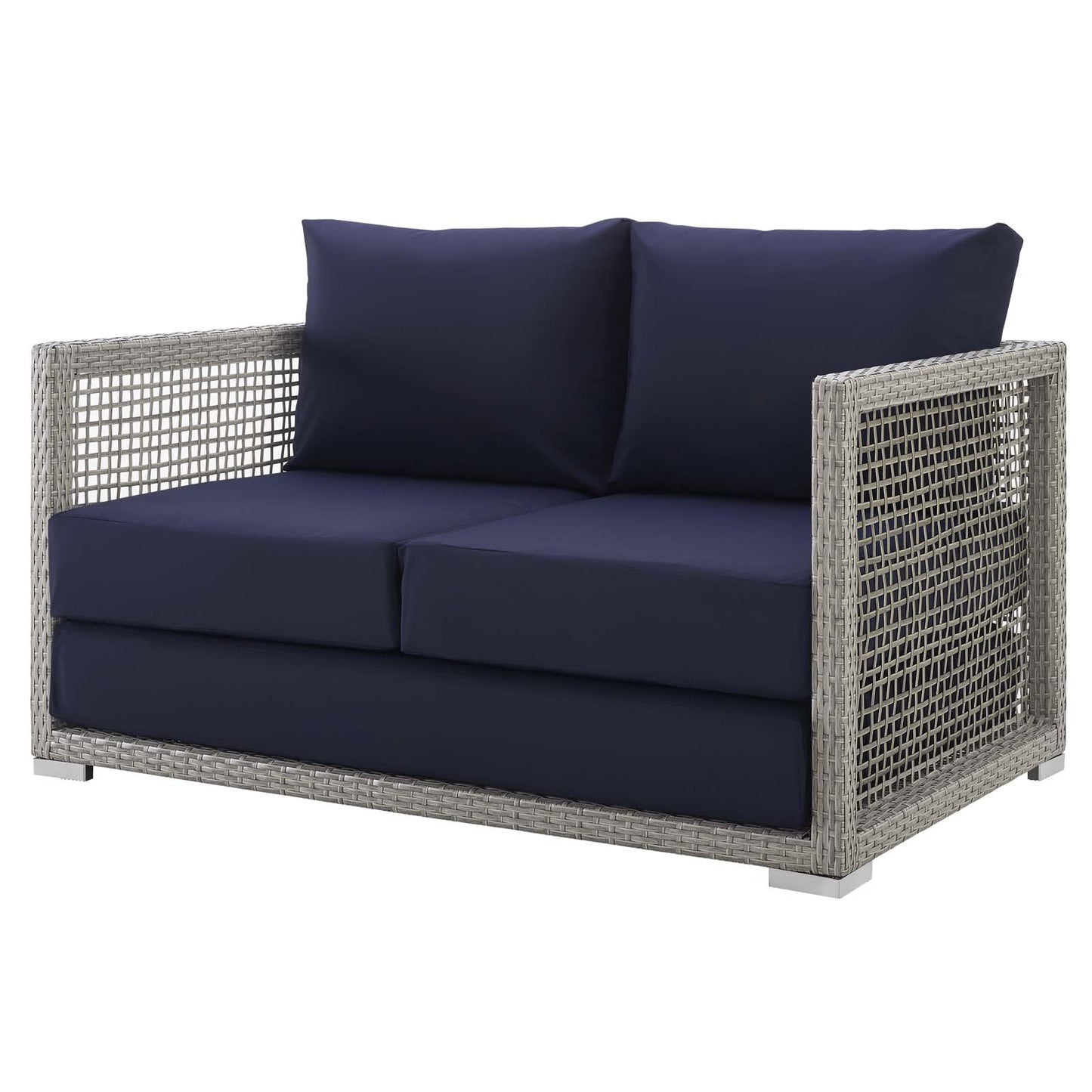 Aura 3 Piece Outdoor Patio Wicker Rattan Set, Rattan Wicker Fabric, Grey Gray Navy Blue, 17520