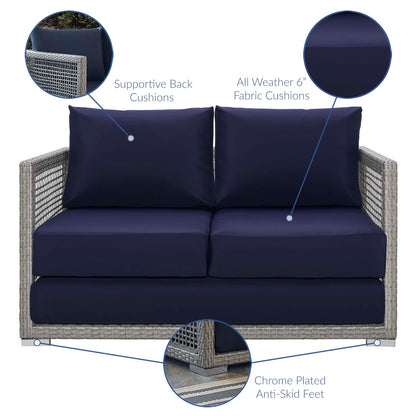 Aura 3 Piece Outdoor Patio Wicker Rattan Set, Rattan Wicker Fabric, Grey Gray Navy Blue, 17520