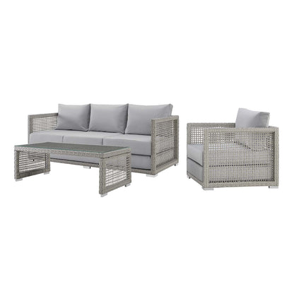 Aura 3 Piece Outdoor Patio Wicker Rattan Set, Rattan Wicker Fabric, Grey Gray, 17854