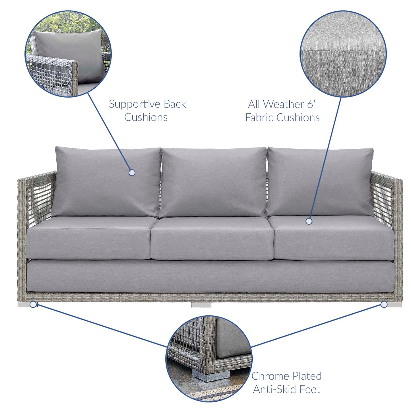 Aura 3 Piece Outdoor Patio Wicker Rattan Set, Rattan Wicker Fabric, Grey Gray, 17854