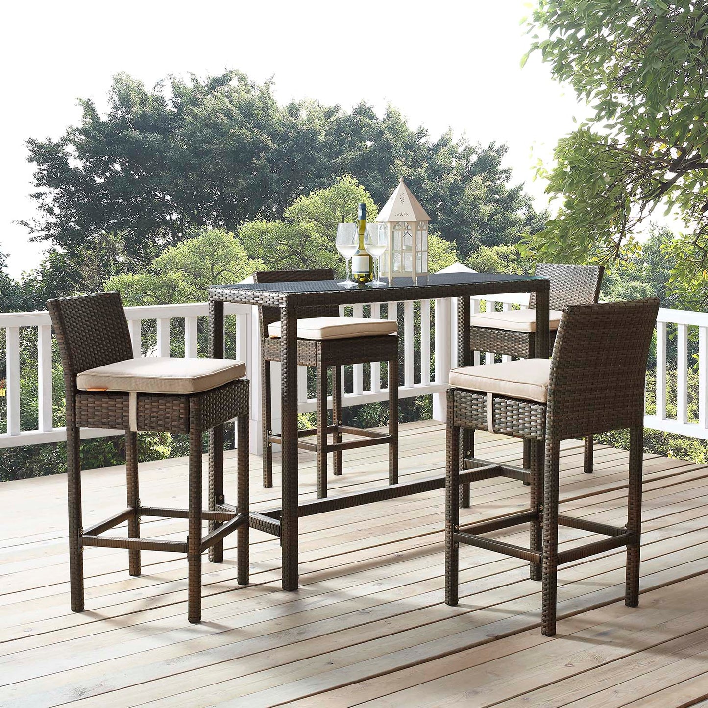 Conduit Bar Stool Outdoor Patio Wicker Rattan Set of 4, Fabric Rattan Wicker, Brown Beige, 17526