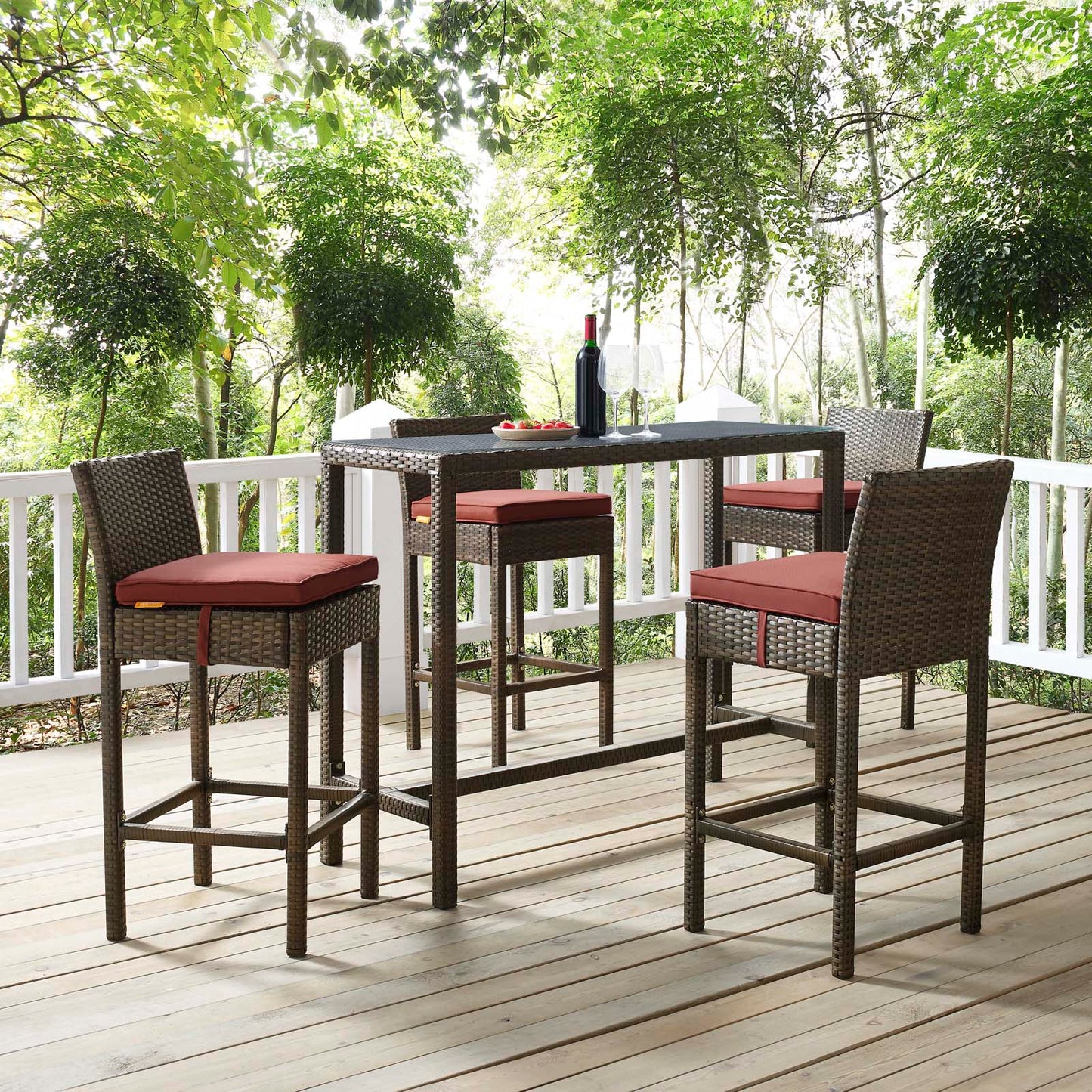 Conduit Bar Stool Outdoor Patio Wicker Rattan Set of 4, Fabric Rattan Wicker, Brown Red, 17528