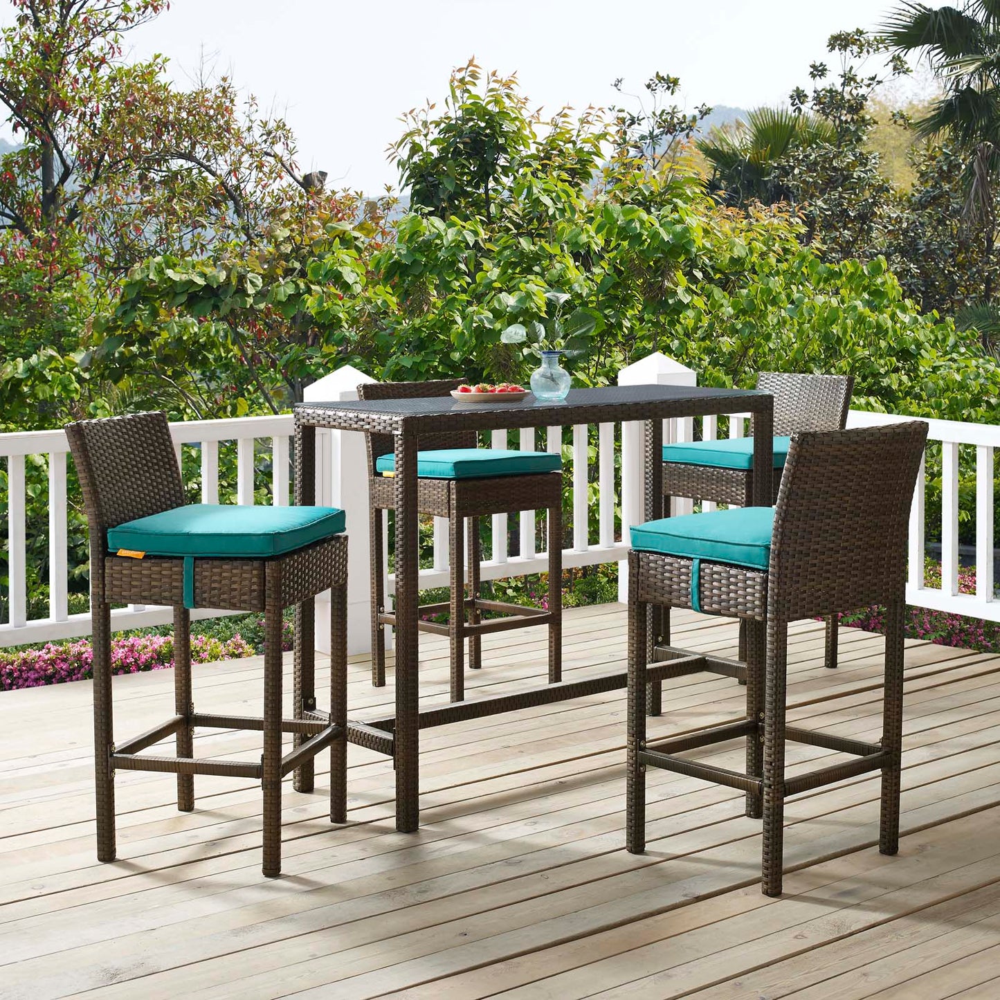 Conduit Bar Stool Outdoor Patio Wicker Rattan Set of 4, Fabric Rattan Wicker, Brown Green, 17529