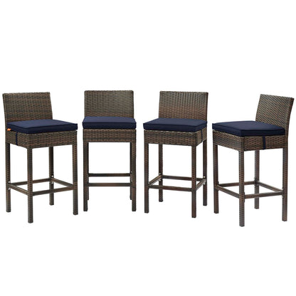 Conduit Bar Stool Outdoor Patio Wicker Rattan Set of 4, Fabric Rattan Wicker, Brown Navy Blue, 17532