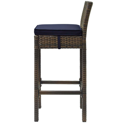 Conduit Bar Stool Outdoor Patio Wicker Rattan Set of 4, Fabric Rattan Wicker, Brown Navy Blue, 17532
